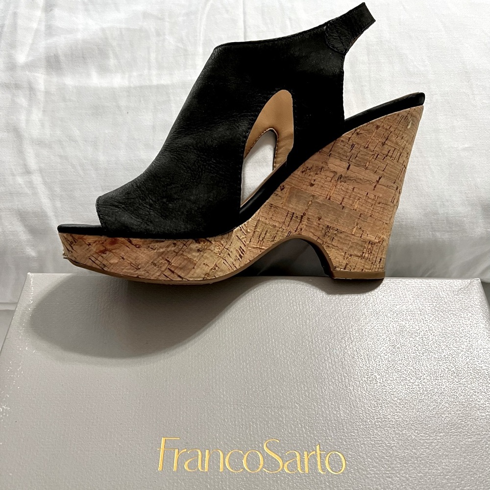 Franco Sarto - Gabriel - black suede cork wedge high heels sz 8.5, 8 1/2.